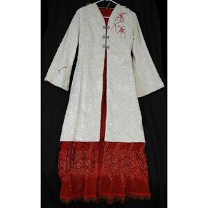 White Velvet Dress Coat Red Satin Beaded Fringe Crush/texture Women Sm Embroirde